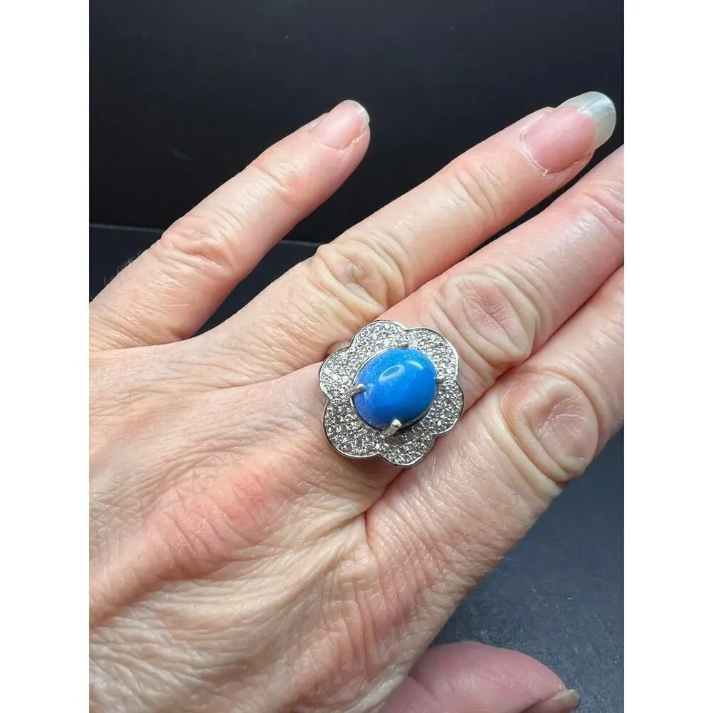 NEW Ceruleite and zircon blossom ring in rhodium over sterling silver size 8